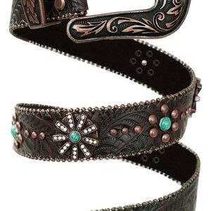 Embellished Brown Leather Belt with Turquoise Accents
